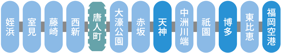 福岡市地下鉄空港線の路線図（最寄りは唐人町駅）